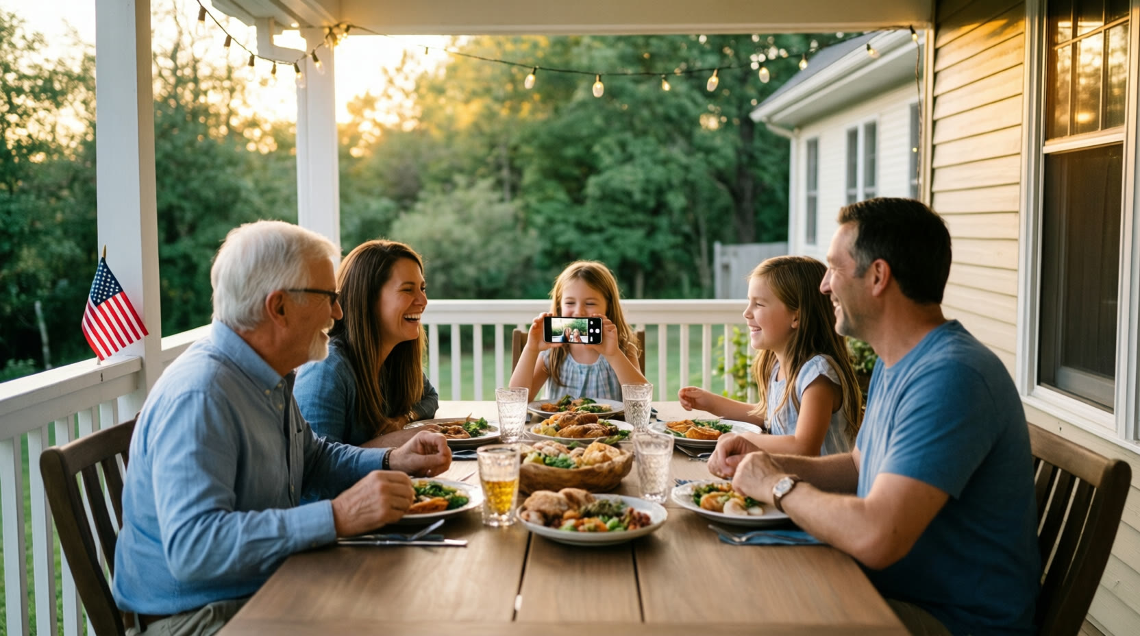 Three generations share Sunday dinner on the back porch as a girl records the moment on her phone