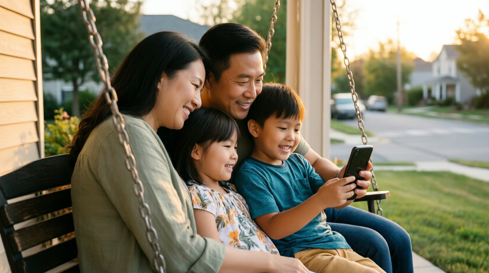 A family on a porch swing at sunset watches a video message together