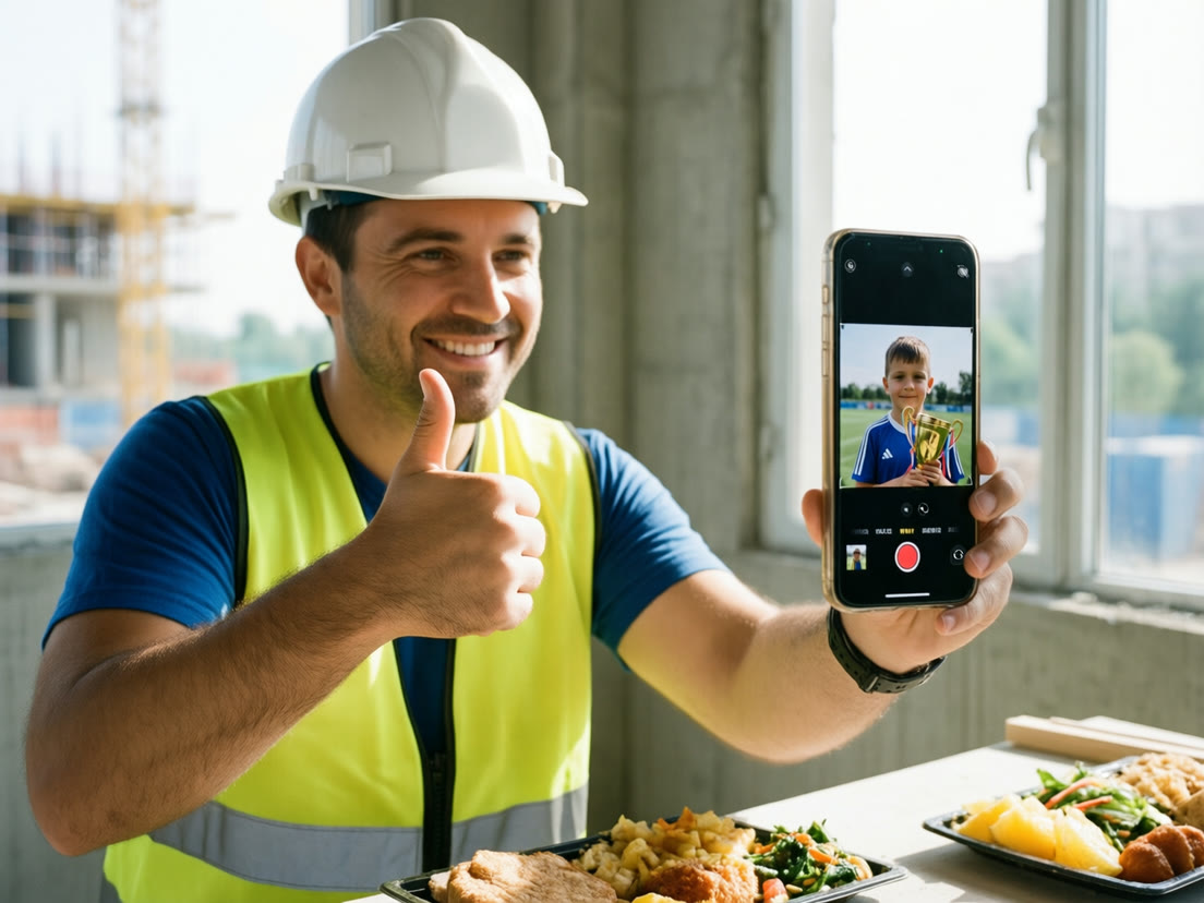 A dad in a hard hat gives a thumbs up as he records a reply to his son’s soccer-trophy video
