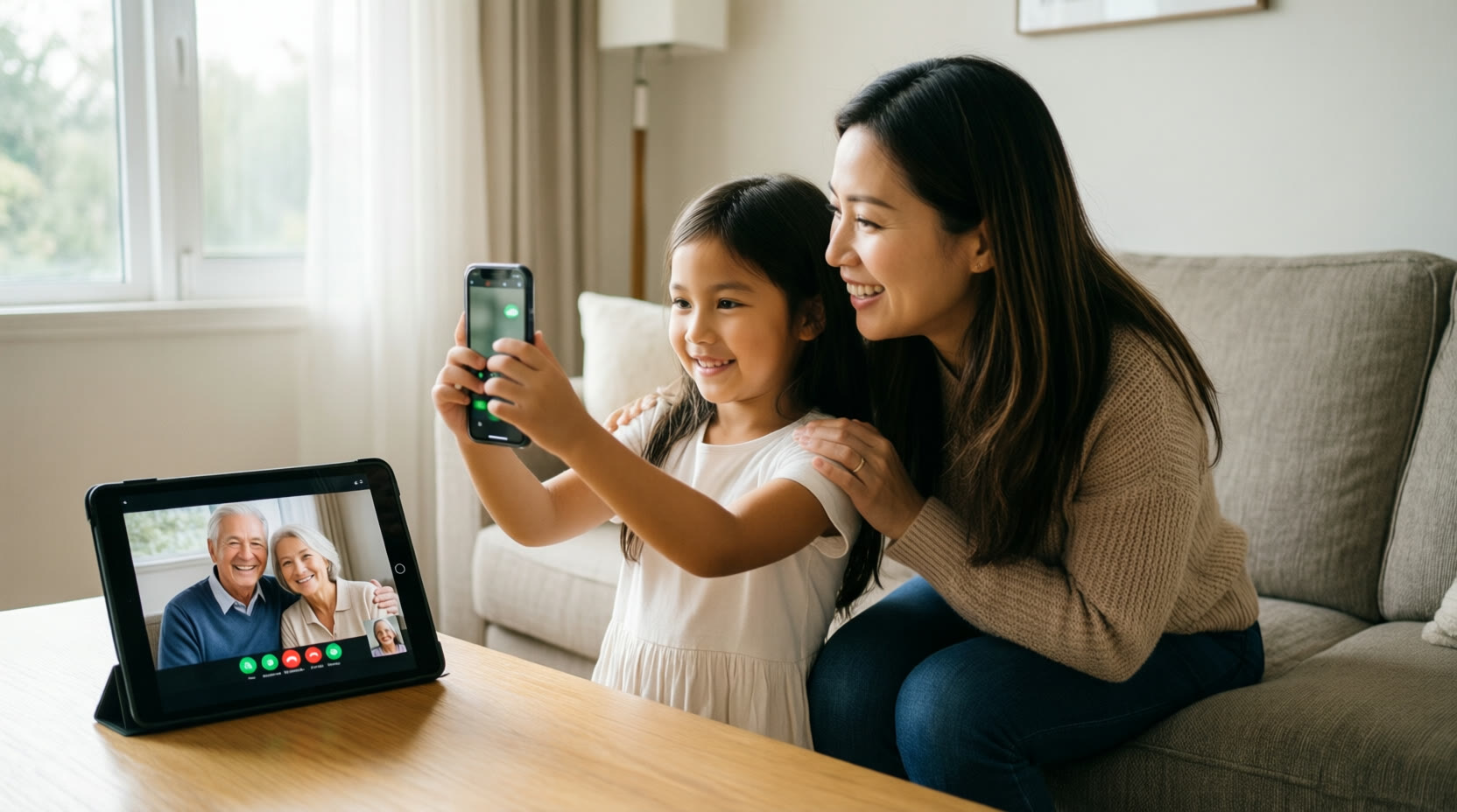 A girl records a video message with her mom while Grandma and Grandpa smile from the family video on a tablet
