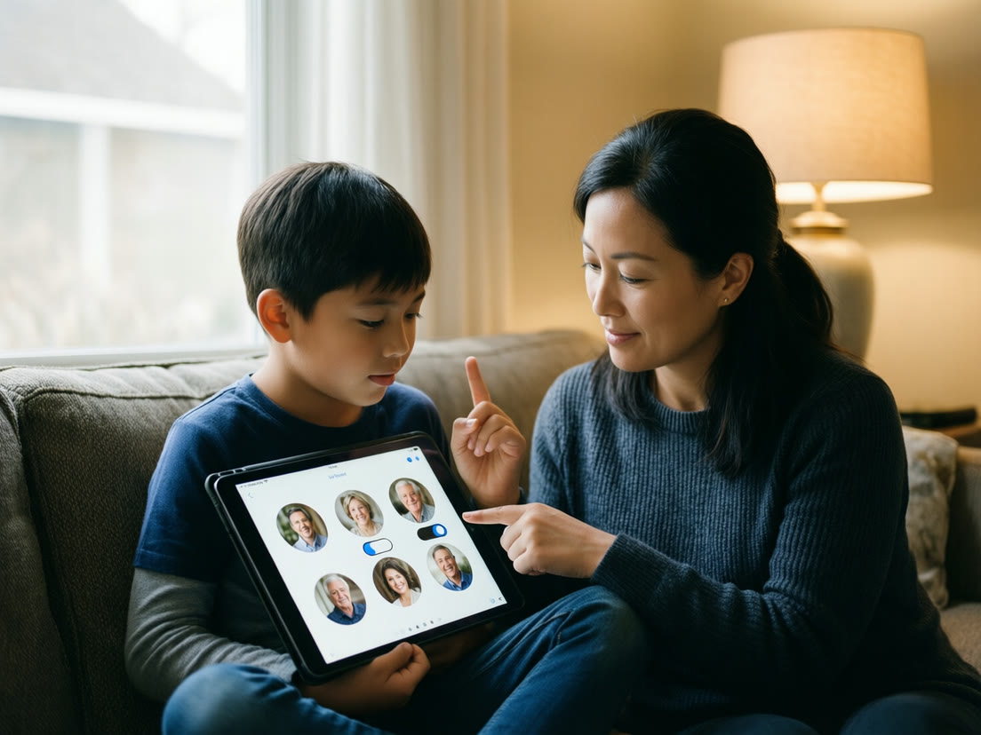 A mom and her son choose which relatives can see his videos using sharing toggles on a tablet