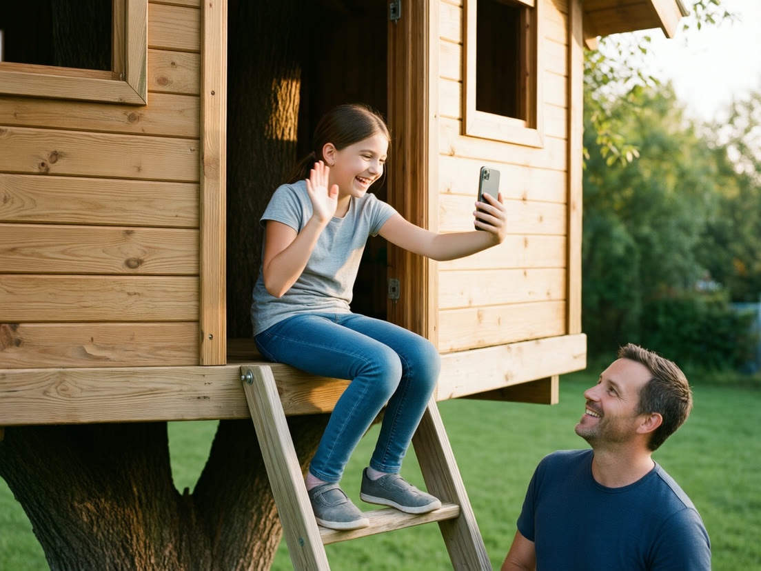 A girl in a backyard treehouse records a waving selfie video for her family while her dad smiles up at her