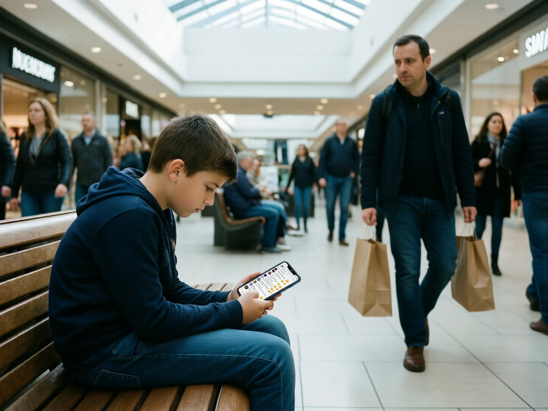 A boy alone on a busy mall bench reads strangers’ reactions to his public post as his dad walks past with shopping bags