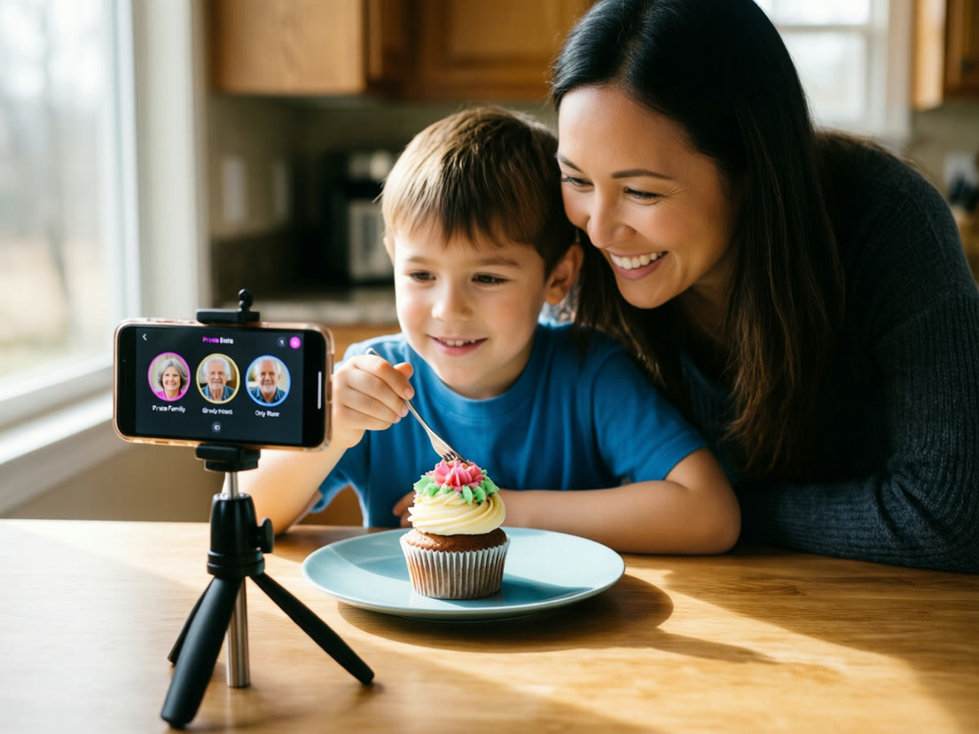 A boy records his decorated cupcake for Grandma, Grandpa and the family while his mom laughs beside him