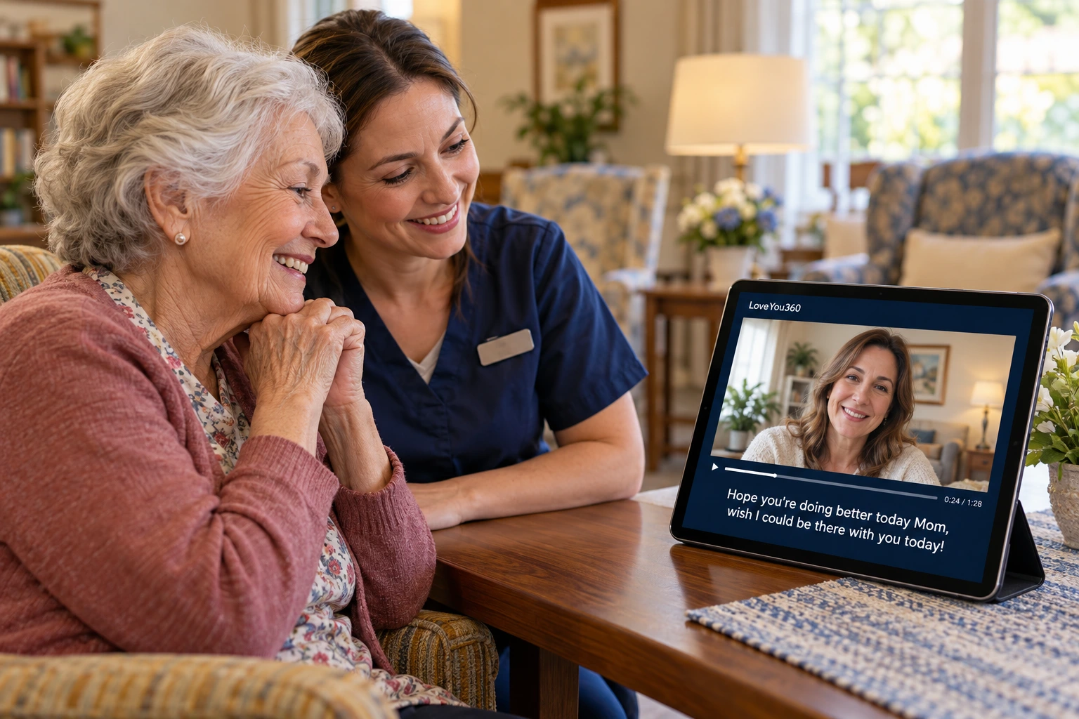 An assisted-living caregiver and senior mother watching her daughter’s video: Hope you’re doing better today Mom, wish I could be there with you today!
