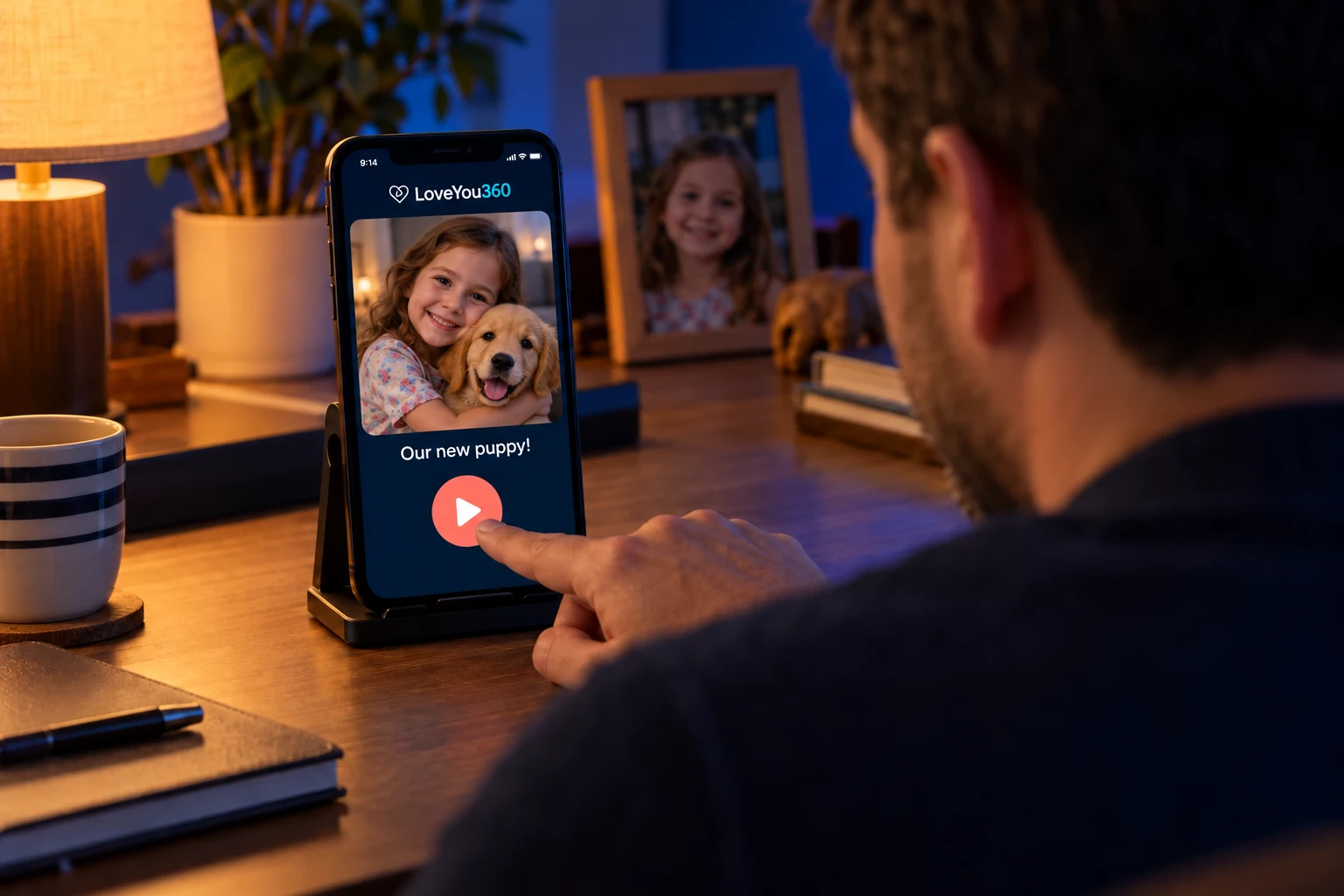 Father playing a child’s video capsule showing her hugging a puppy in LoveYou360