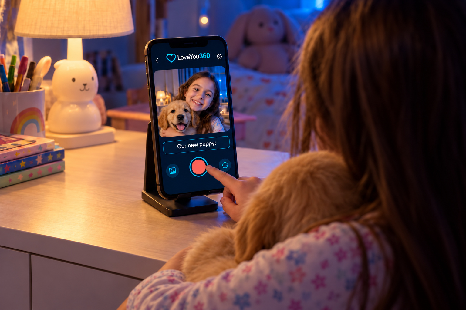 Over the child’s shoulder as she hugs her puppy, mirrored in her LoveYou360 recording preview