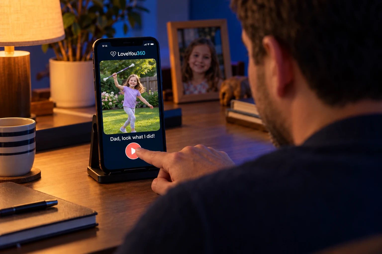 Illustrative father playing his daughter’s baton-twirling video capsule in LoveYou360
