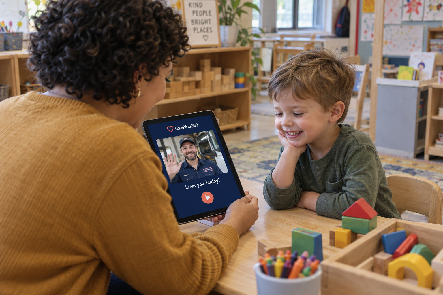 A daycare worker playing Dad’s waving video to a smiling toddler