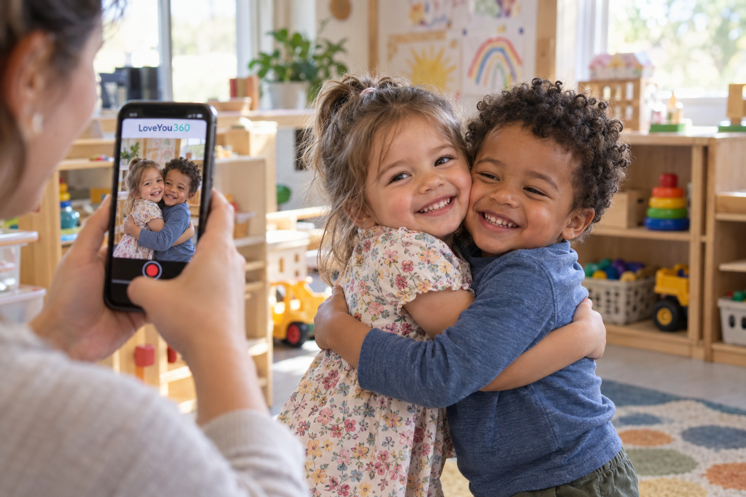 Two three-year-old toddlers hugging in daycare while a daycare worker records their friendship on LoveYou360