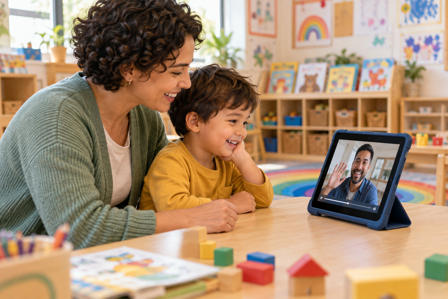 A daycare worker and smiling child watching Dad’s recorded video message on a tablet
