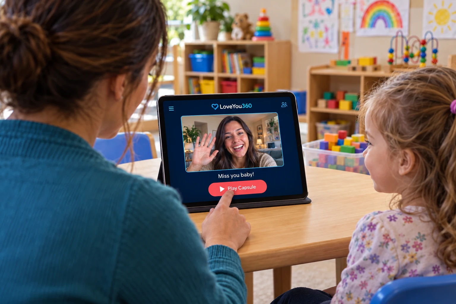 Over the daycare worker’s shoulder: a child watches Mom waving on the LoveYou360 tablet, captioned Miss you baby!