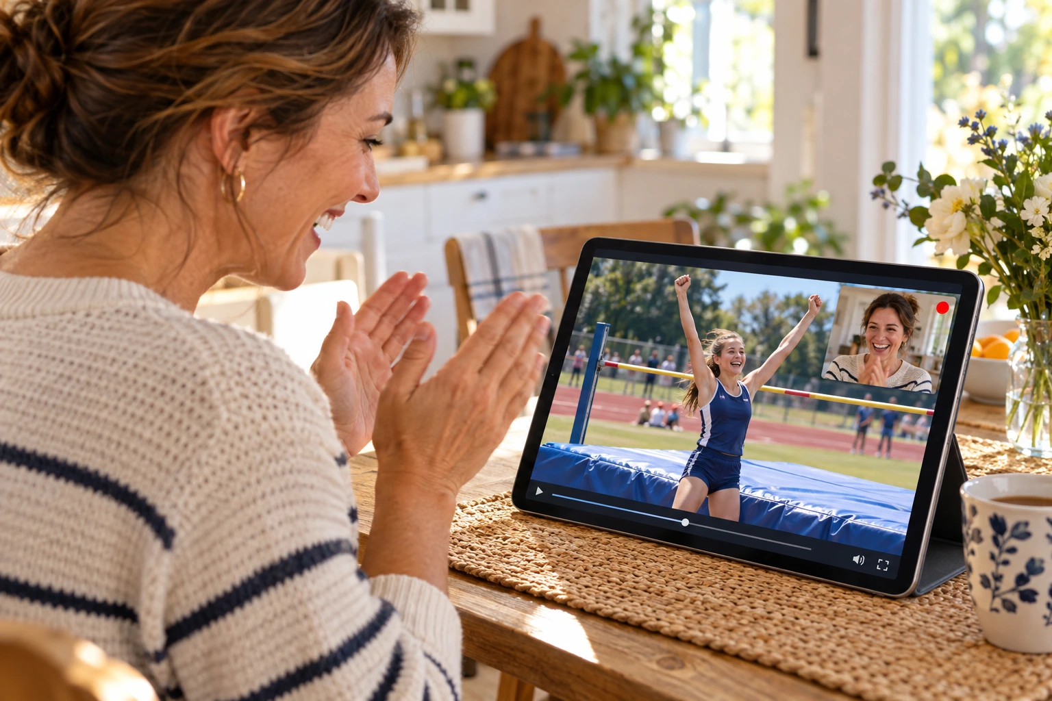 Mom smiling as she watches her daughter’s high-jump video, with her React Back recording visible on the tablet