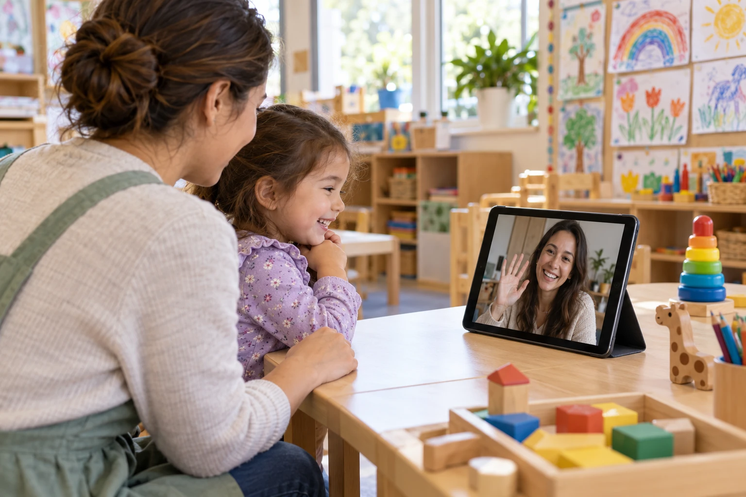 A daycare worker playing Mom’s waving video message to a child on LoveYou360