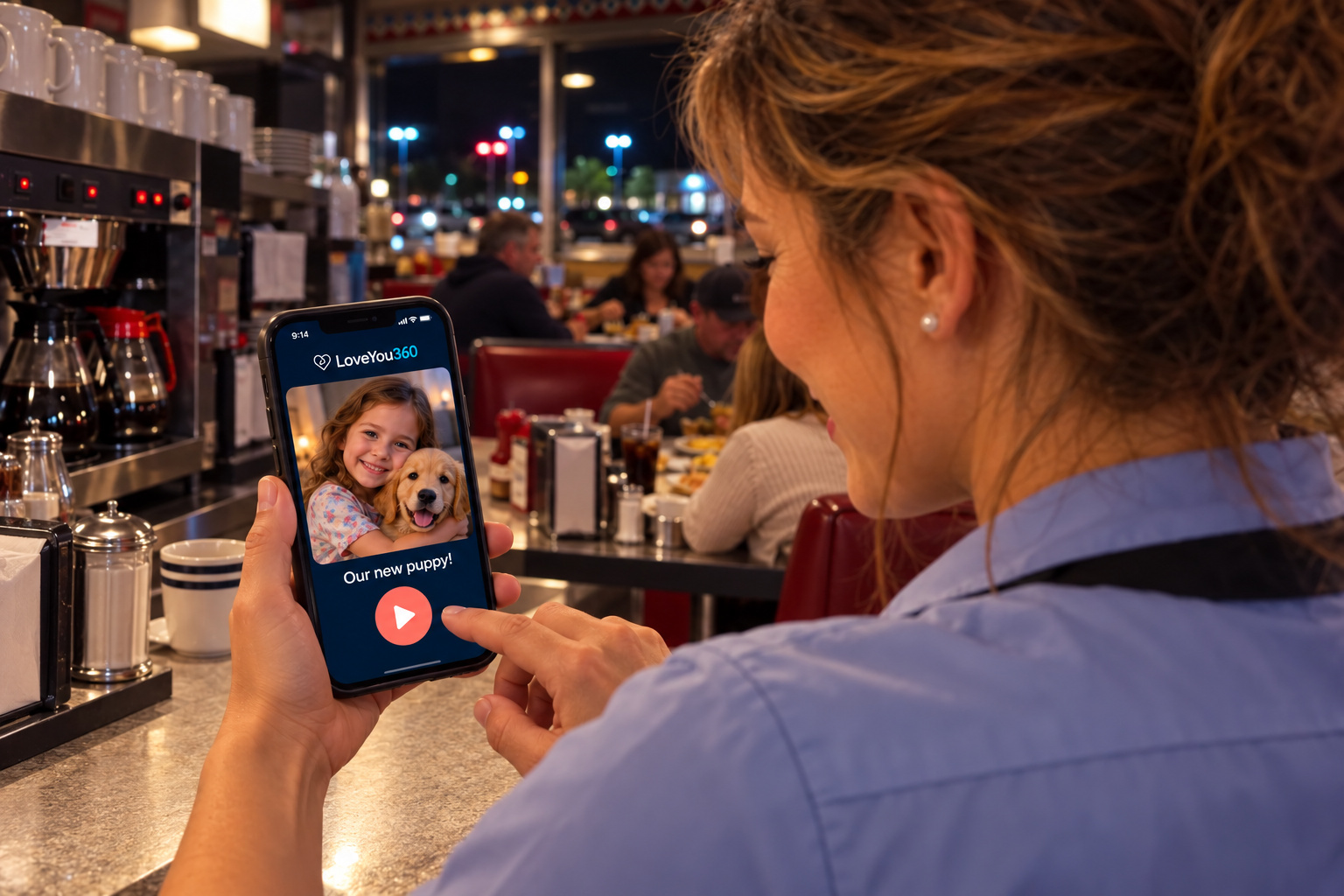 Over Mom’s shoulder during her diner shift as she plays her child’s puppy video on LoveYou360