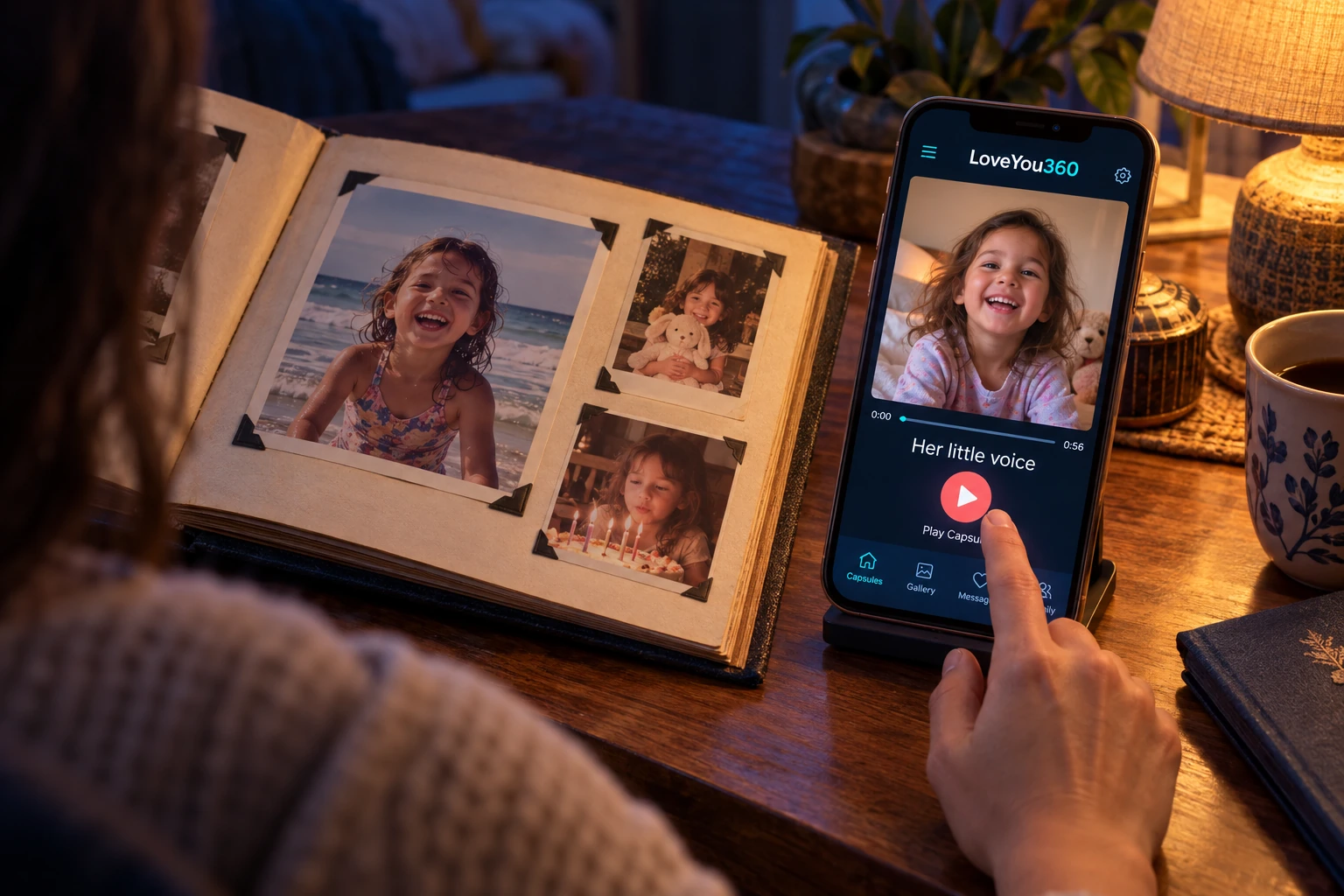 A saved LoveYou360 capsule beside a family photo album