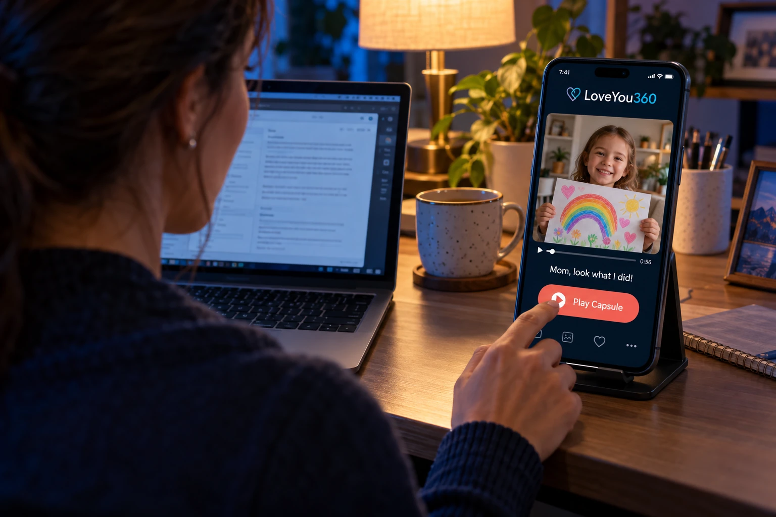 A child showing her drawing in the phone screen