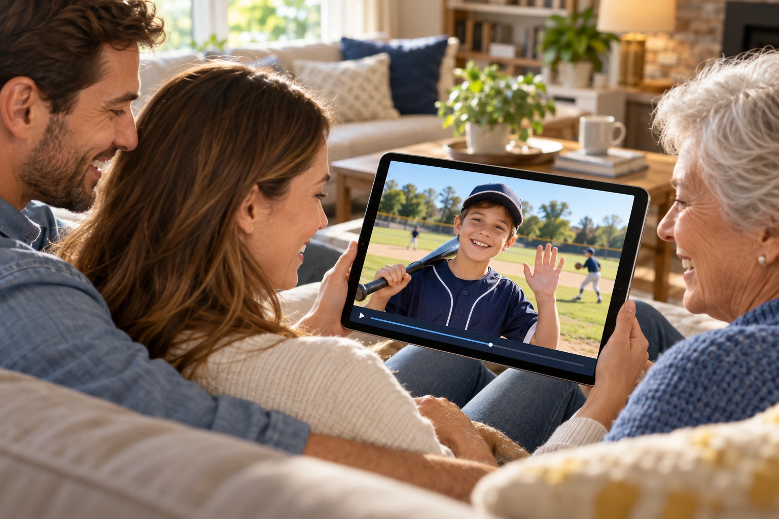 A family in their living room watching a tablet video of a boy waving with a bat over his shoulder, with friends playing baseball behind him