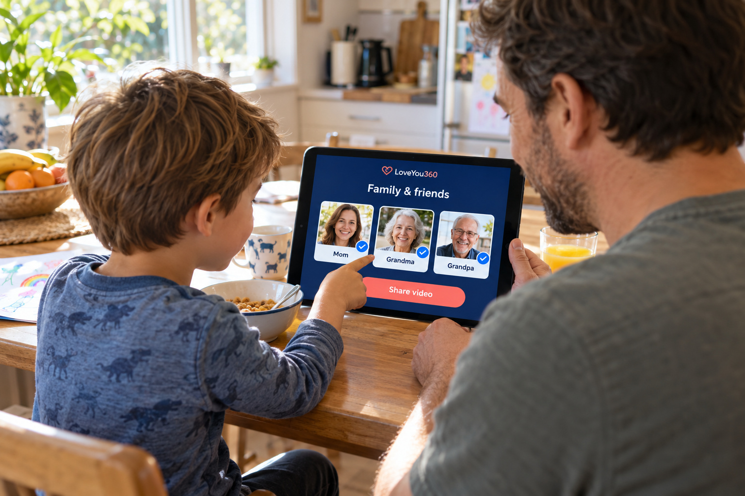 A father helping his son choose family recipients for a LoveYou360 video