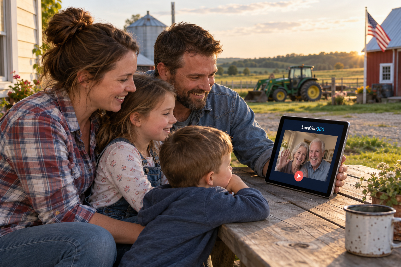 A farming family watching Grandma and Grandpa’s video at an outdoor farm table, with an American flag in the background