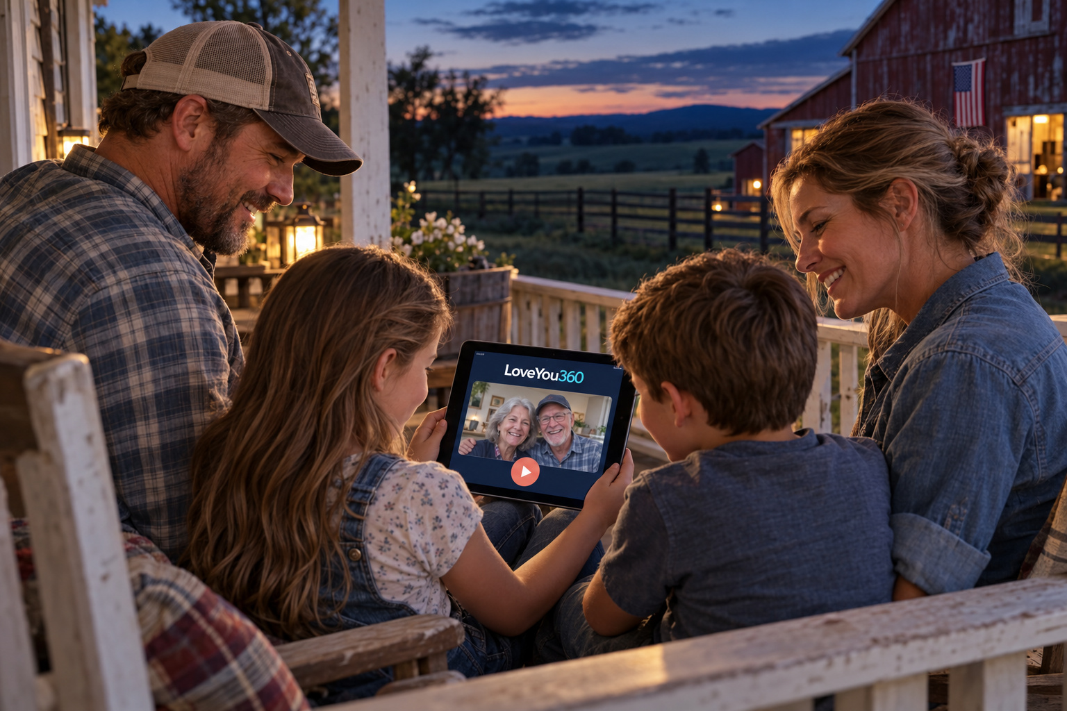 A farming family sharing Grandma and Grandpa’s LoveYou360 video on their porch