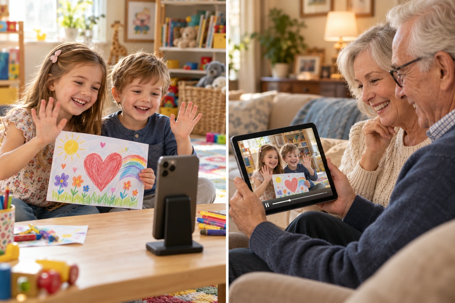 Two kids recording a cheerful video capsule with their drawing, while their grandparents enjoy the saved video together at home