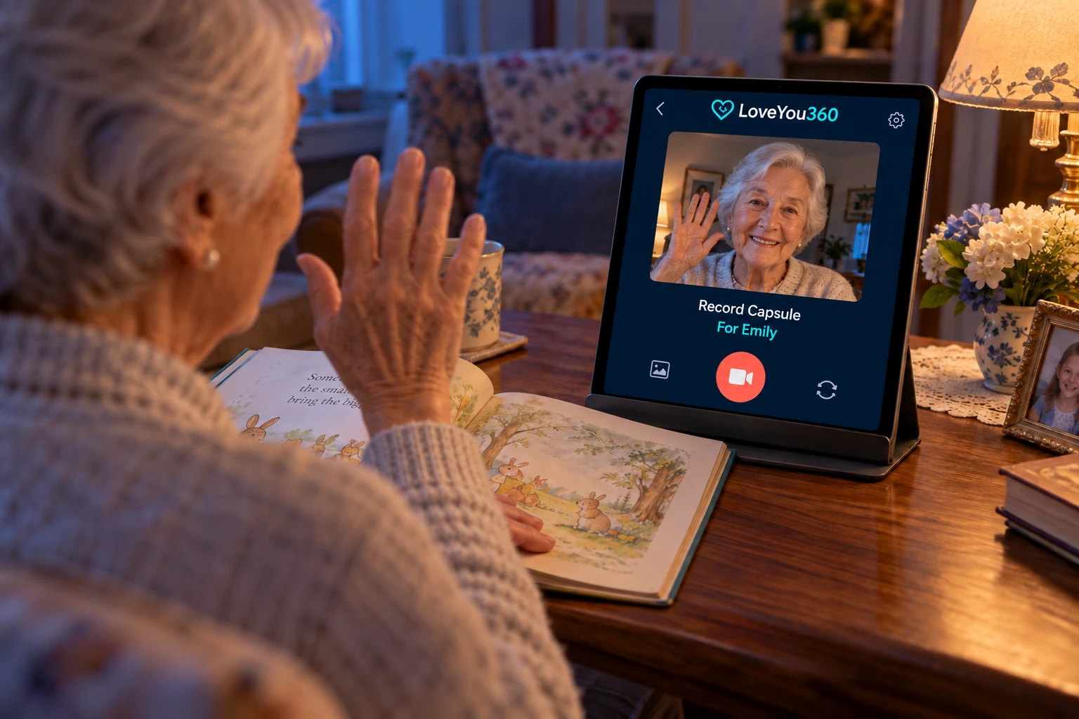 Illustrative grandmother recording a LoveYou360 capsule for a grandchild