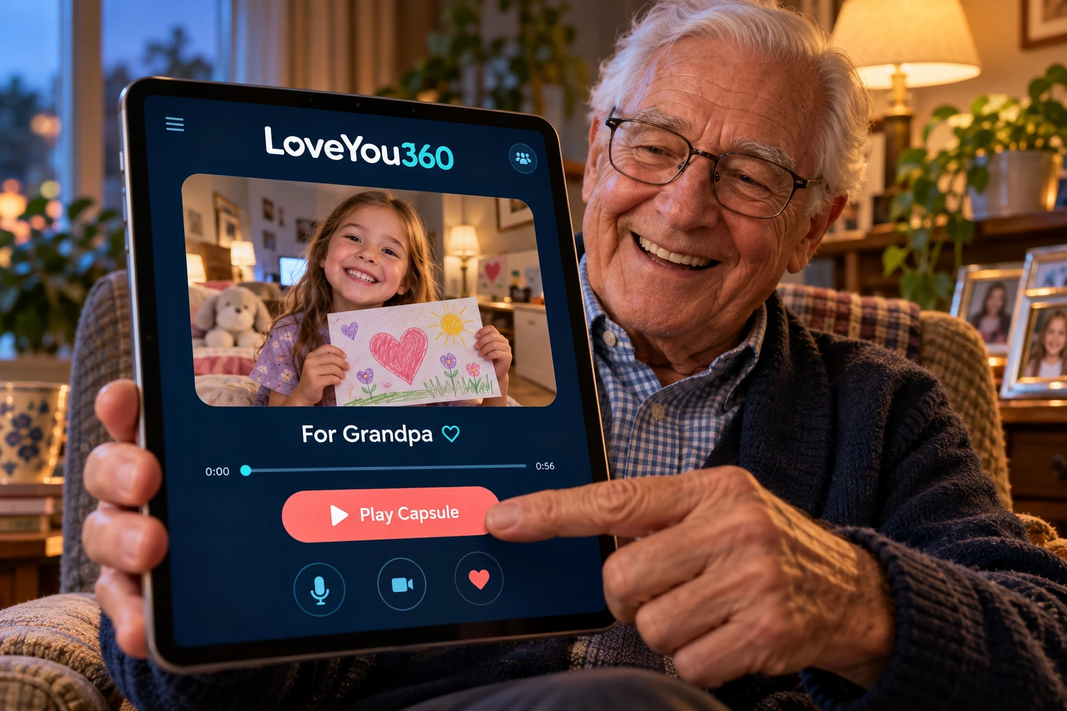 Illustrative grandfather playing a grandchild's capsule on a tablet showing LoveYou360
