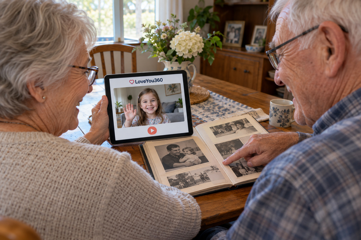 Grandma and Grandpa watching their granddaughter’s video beside a family photo album