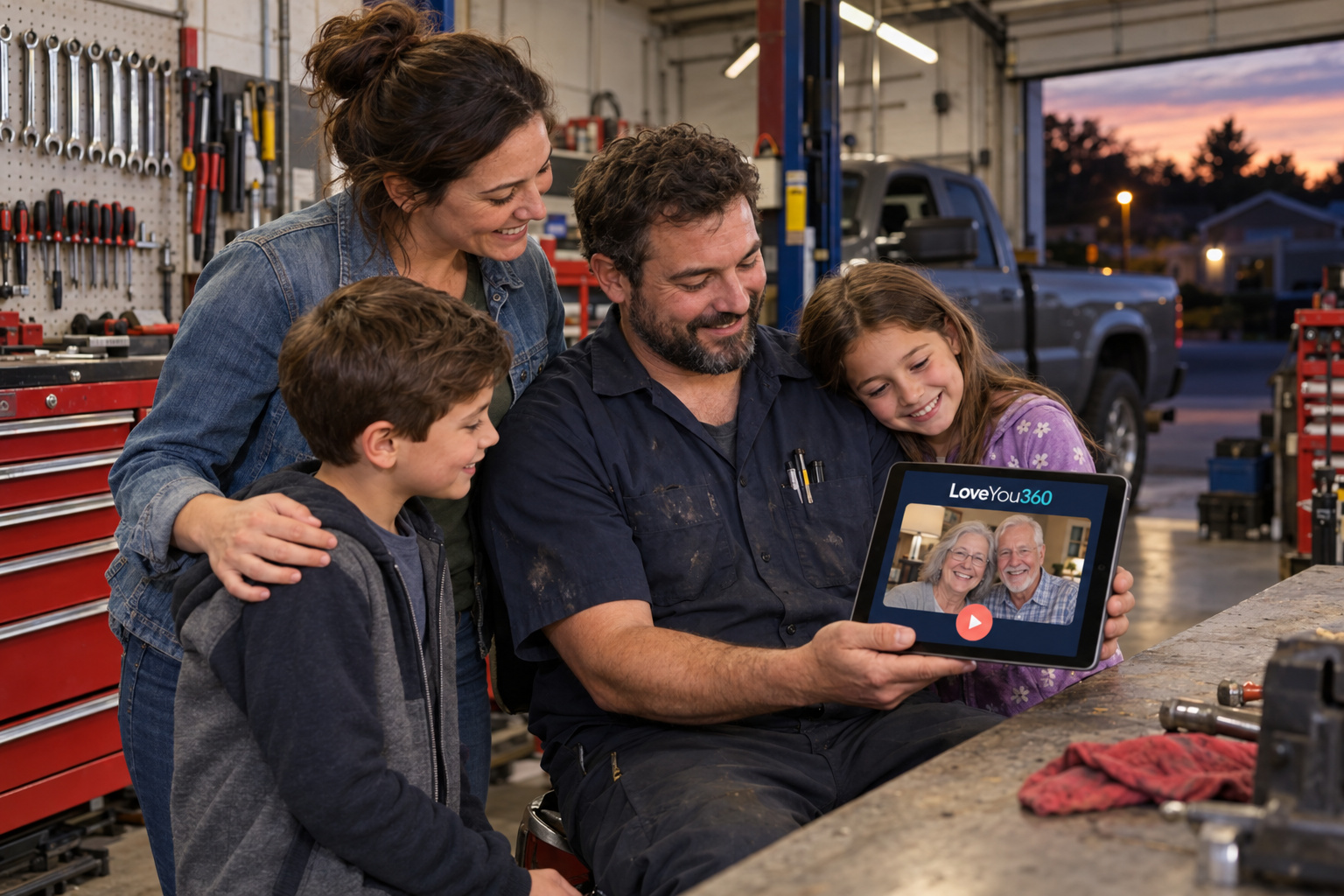 A garage mechanic and his family watching Grandma and Grandpa together on LoveYou360