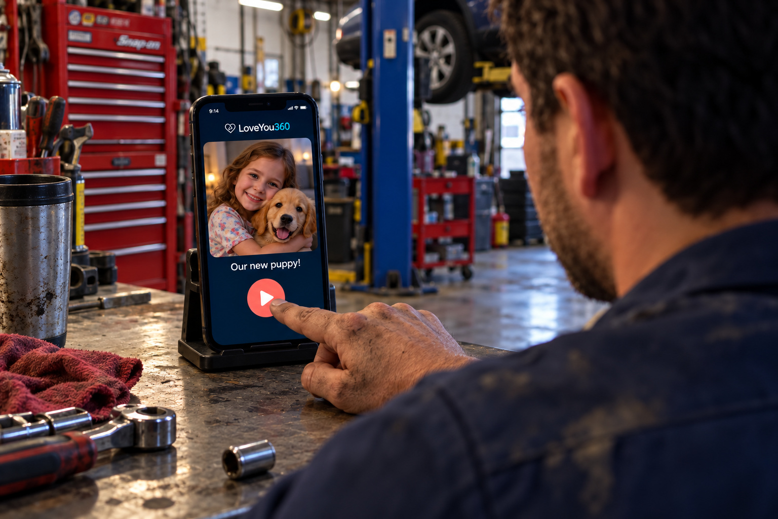 Over the shoulder of a mechanic at work playing his daughter’s video with their new puppy