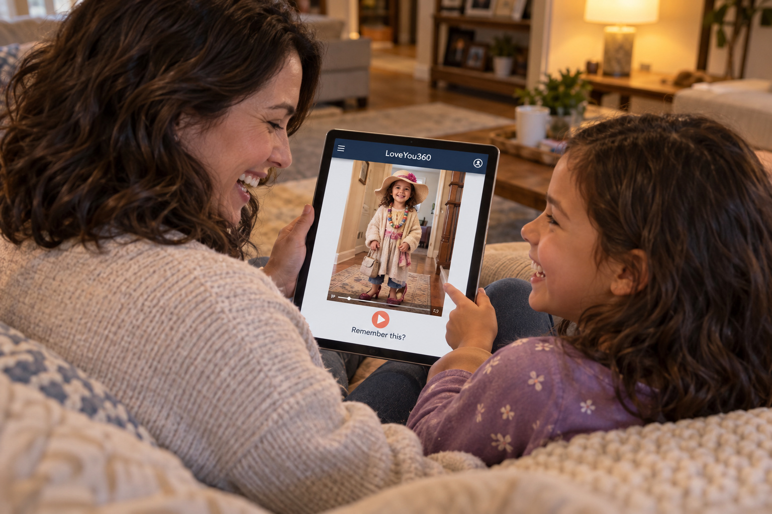 Mom and daughter laughing over a saved LoveYou360 video of the daughter as a toddler dressed in Mom’s oversized clothes