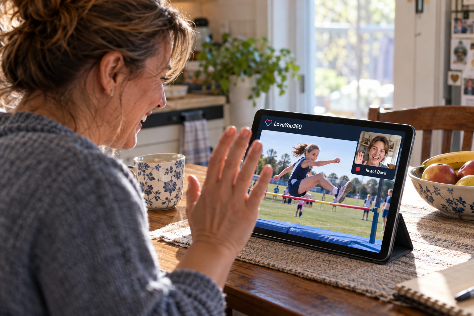 Mom smiling as she watches her daughter’s high-jump video, with her React Back recording visible on the tablet