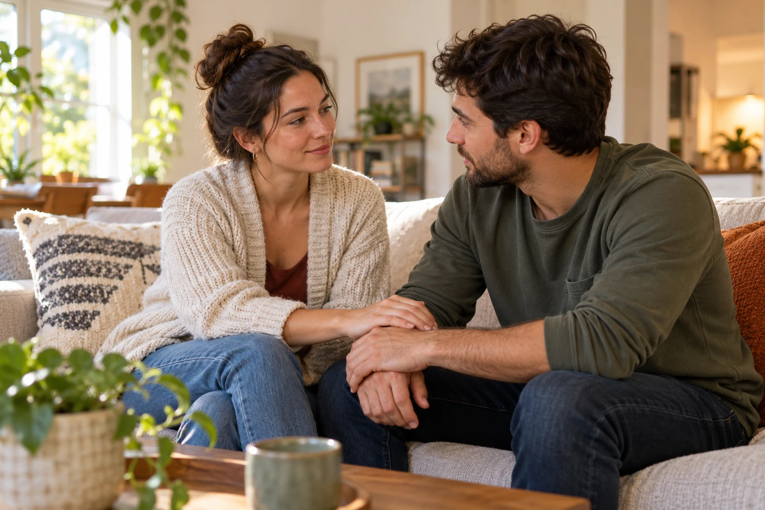 Illustrative young adult couple listening to each other and reconnecting