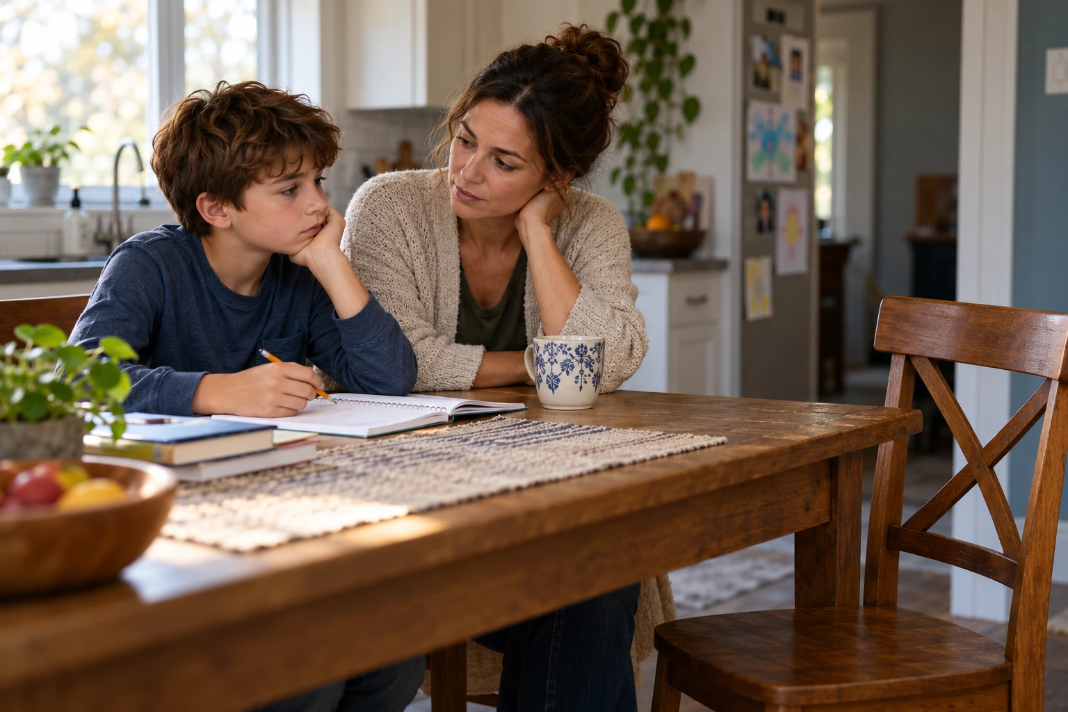 Illustrative mother supporting her thoughtful son at a table with an empty chair