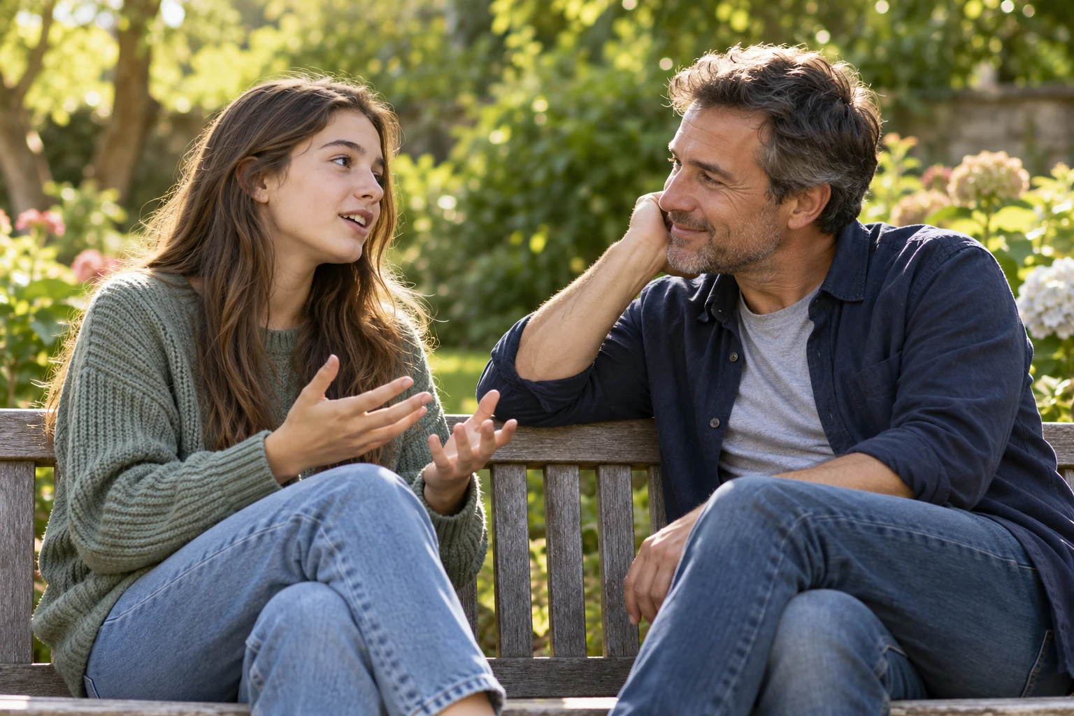 Illustrative father listening attentively to his teenage daughter in a garden