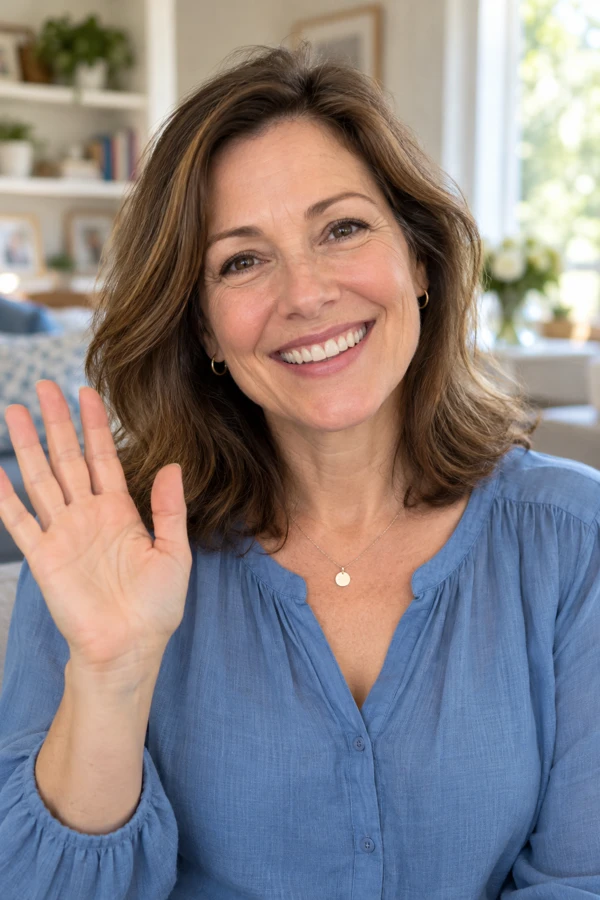An adult daughter smiling and waving in a video message for her senior mom