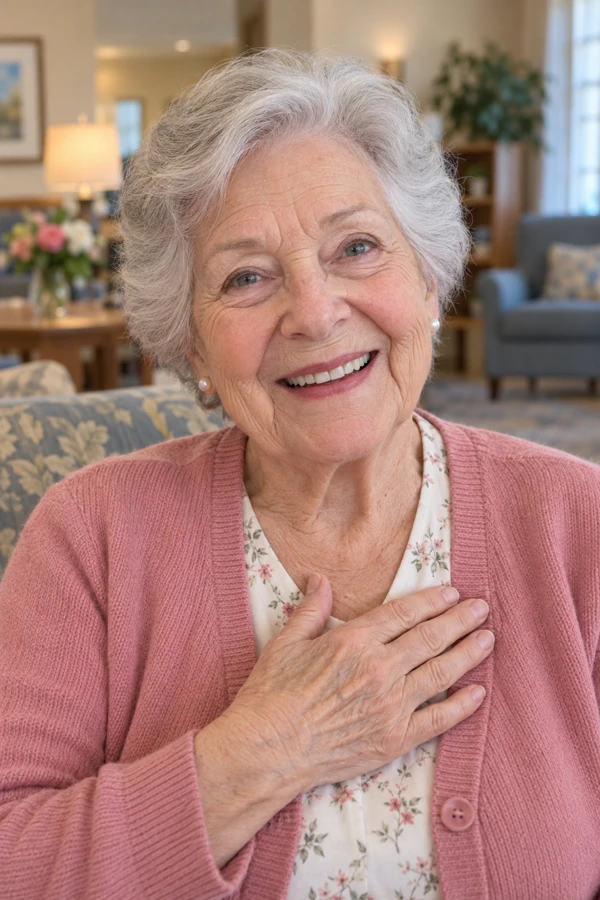 A smiling senior mom recording a loving video reply with her hand over her heart