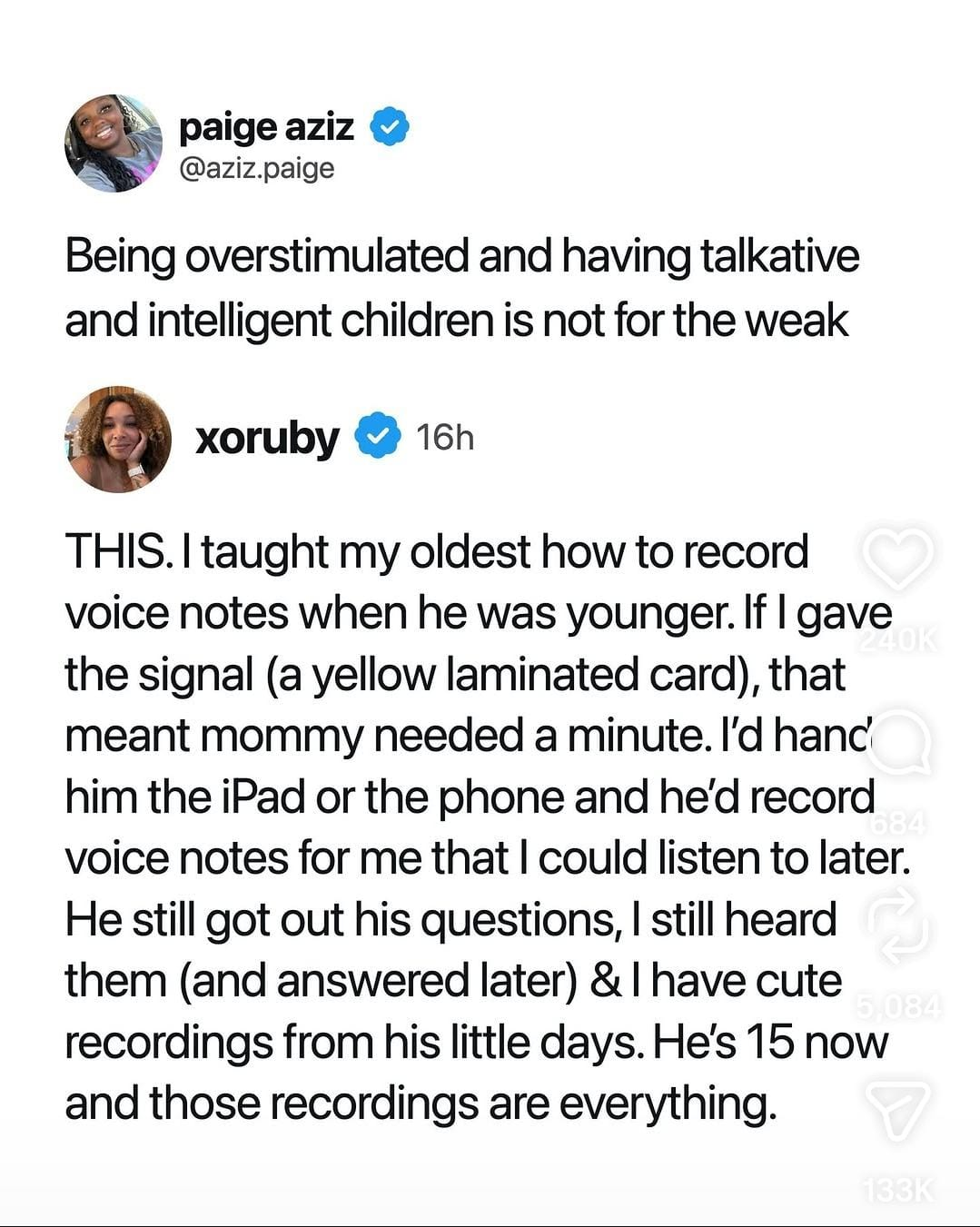 Shared social post: a parent describes saving her young child's recordings and treasuring the recordings when he is fifteen.