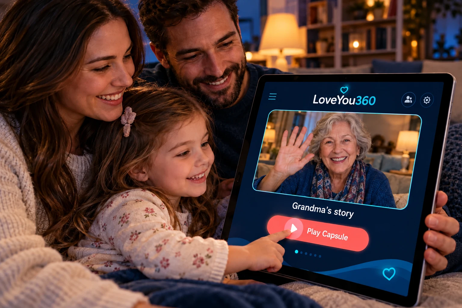 Grandma waving in the tablet screen