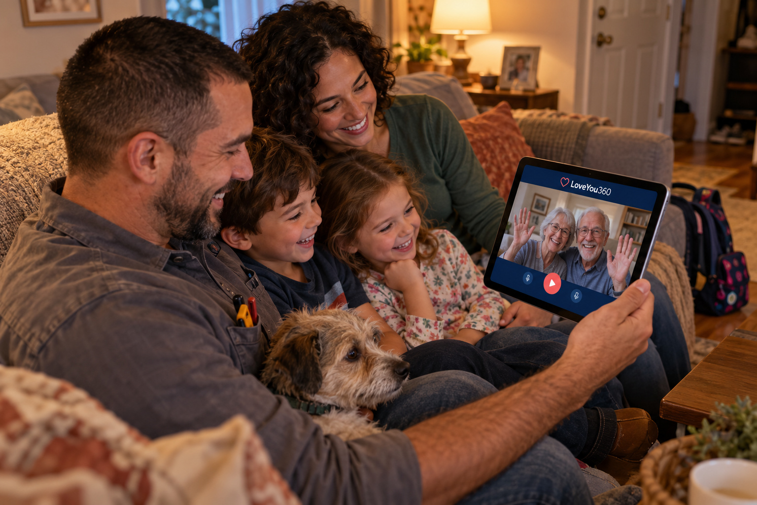 A working family with a boy, girl and terrier watching Grandma and Grandpa together on LoveYou360