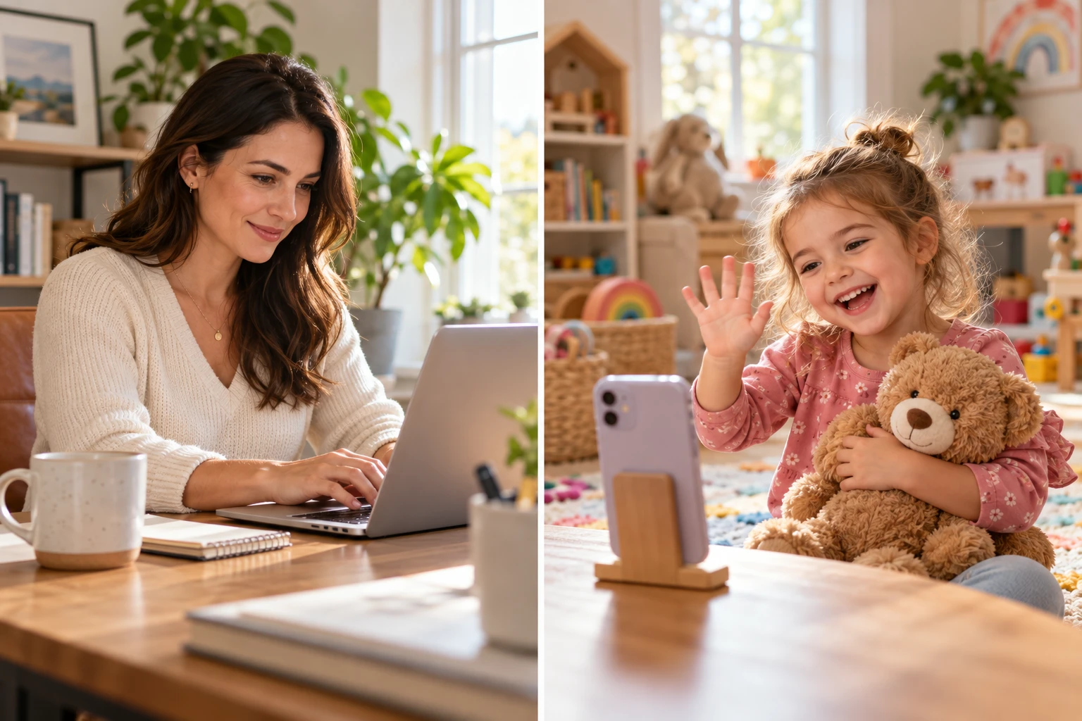Split-screen illustration: a mom working in her home office on the left, and her happy child hugging a teddy bear and recording a video capsule for her on the right