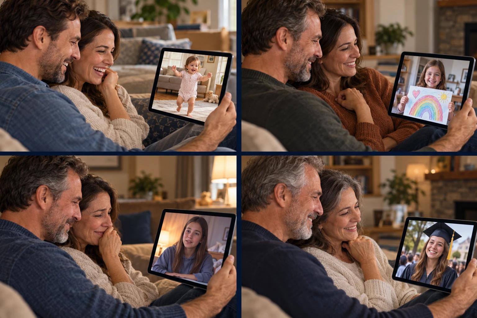 A four-part montage of parents watching their daughter’s video capsules through the years: first steps, childhood artwork, a difficult teenage day, and graduation