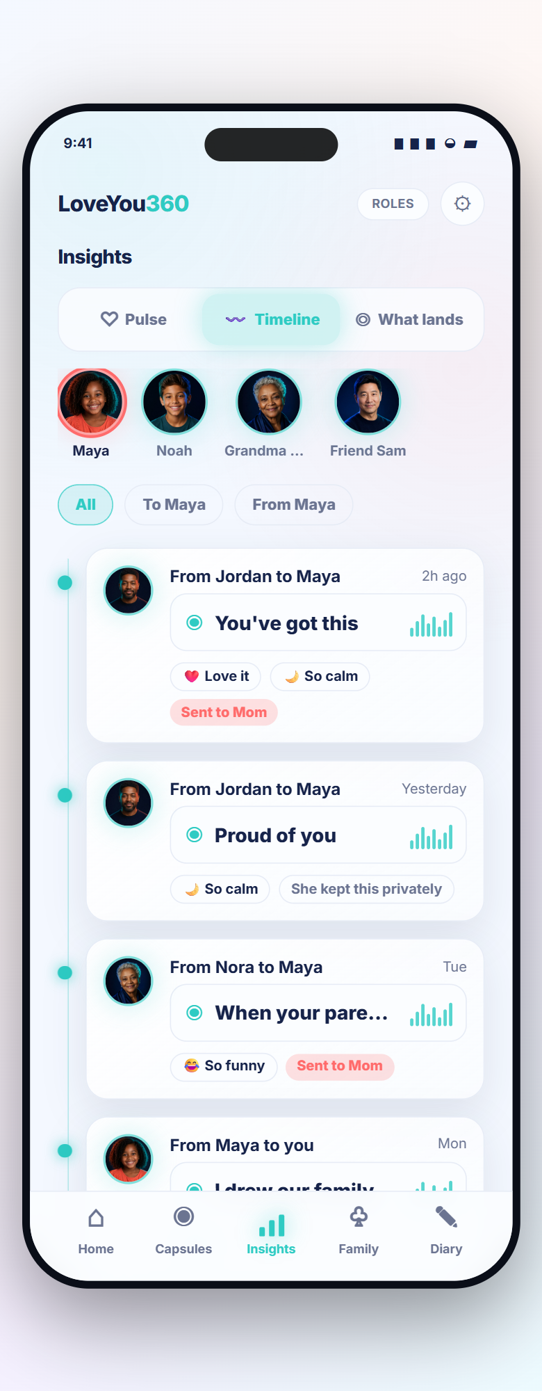Demo Timeline screen showing fictional family messages and responses