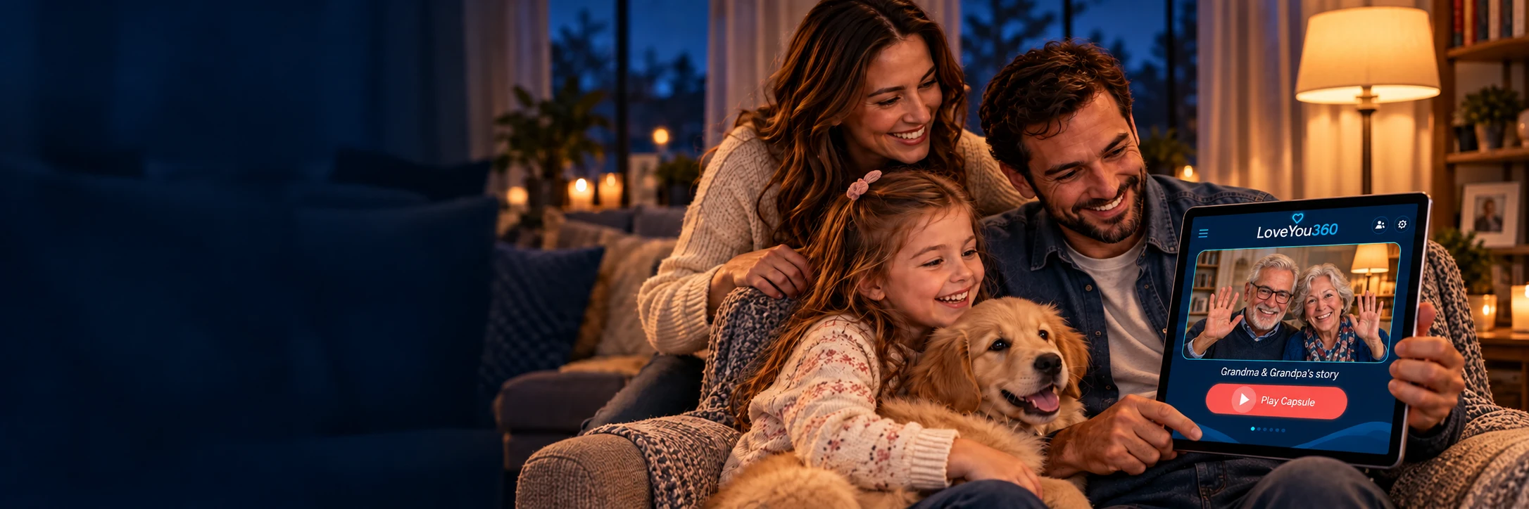 Parents, daughter and puppy watching Grandma and Grandpa together on the LoveYou360 tablet