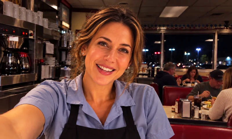 Mom recording a casual video reply during her night shift at a diner