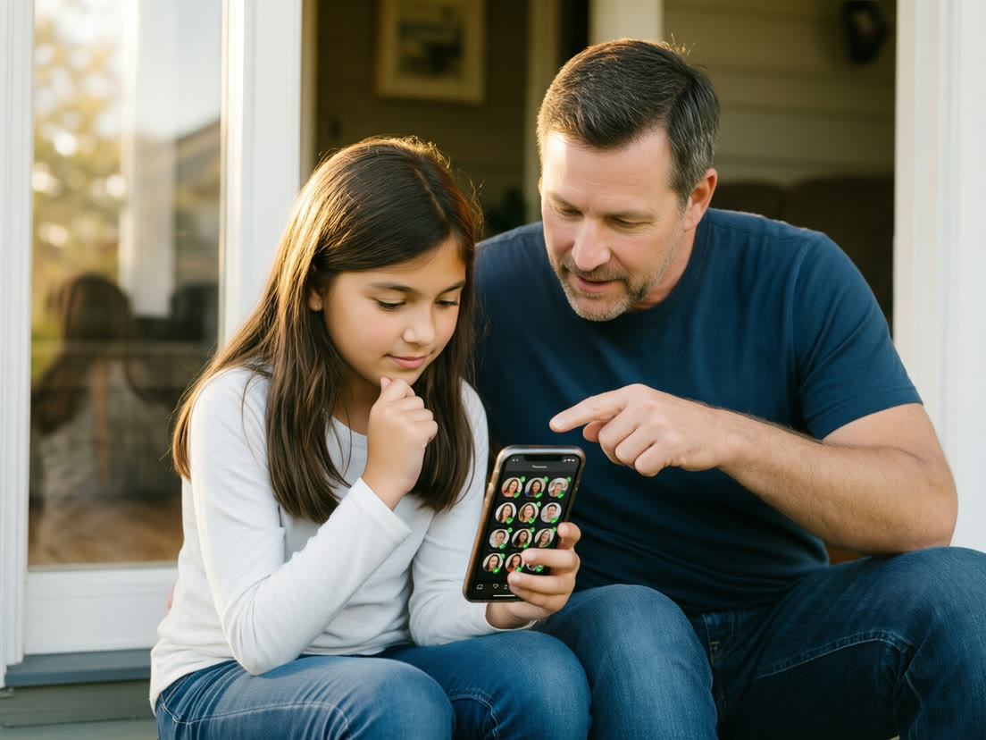 A father coaches his daughter as she chooses family recipients for her video