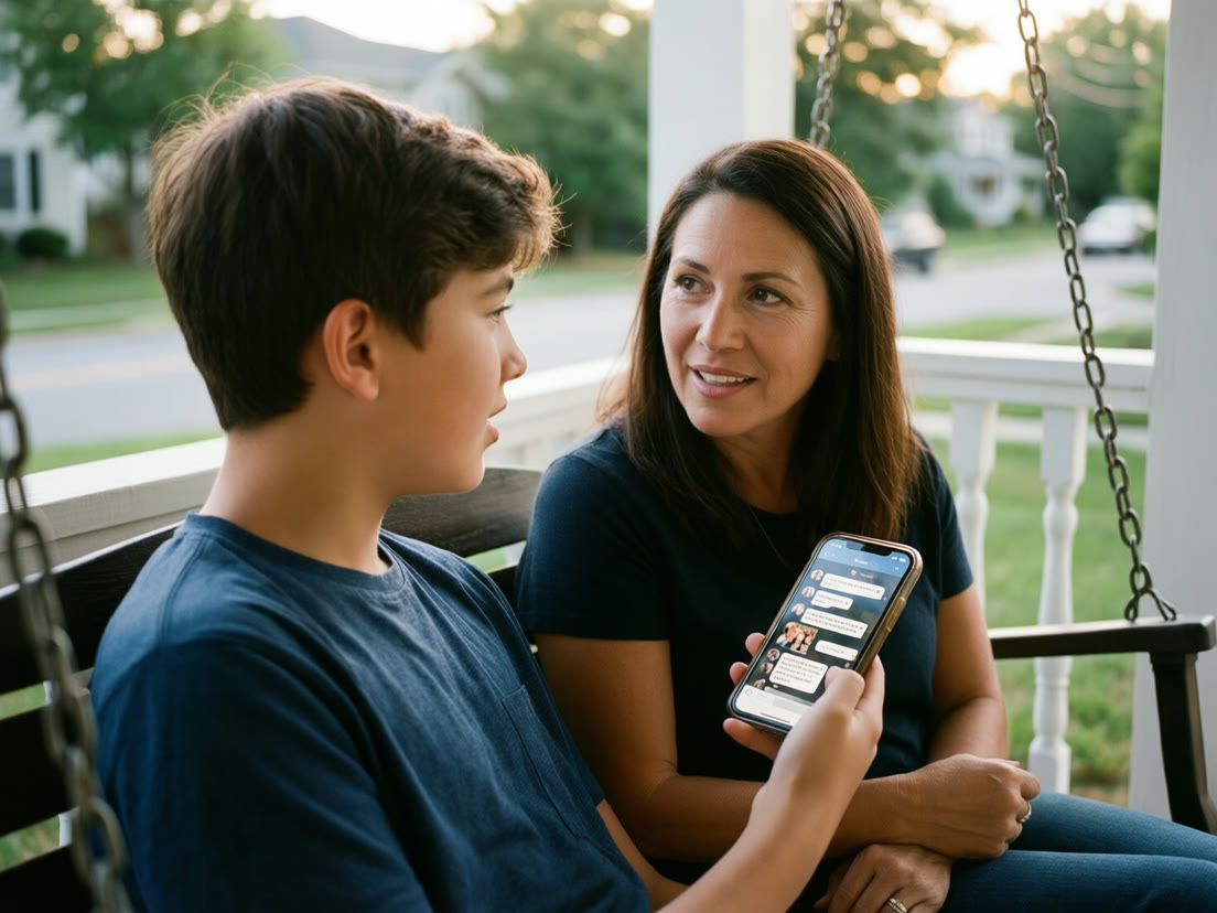 A teenage boy talks openly with his mother about a group chat on his phone