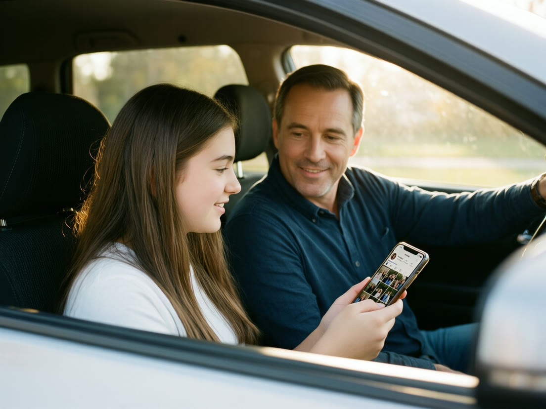 A teenage girl shows her father her social media profile in the car