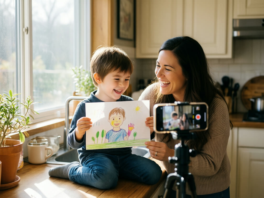 A mother and her young son laugh as they record his drawing on her phone